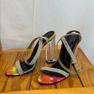 Cape Robbin tye dye Strappy pumps with Rhinestones orange yellow 6